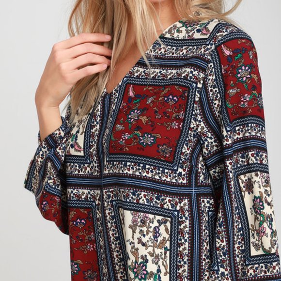 Cream and Plum Multi Print Long Sleeve Shift Dress - Picture 2 of 4